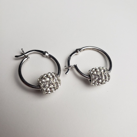 Sterling Silver White CZ Bead Hoop Earrings - Picture 7 of 8